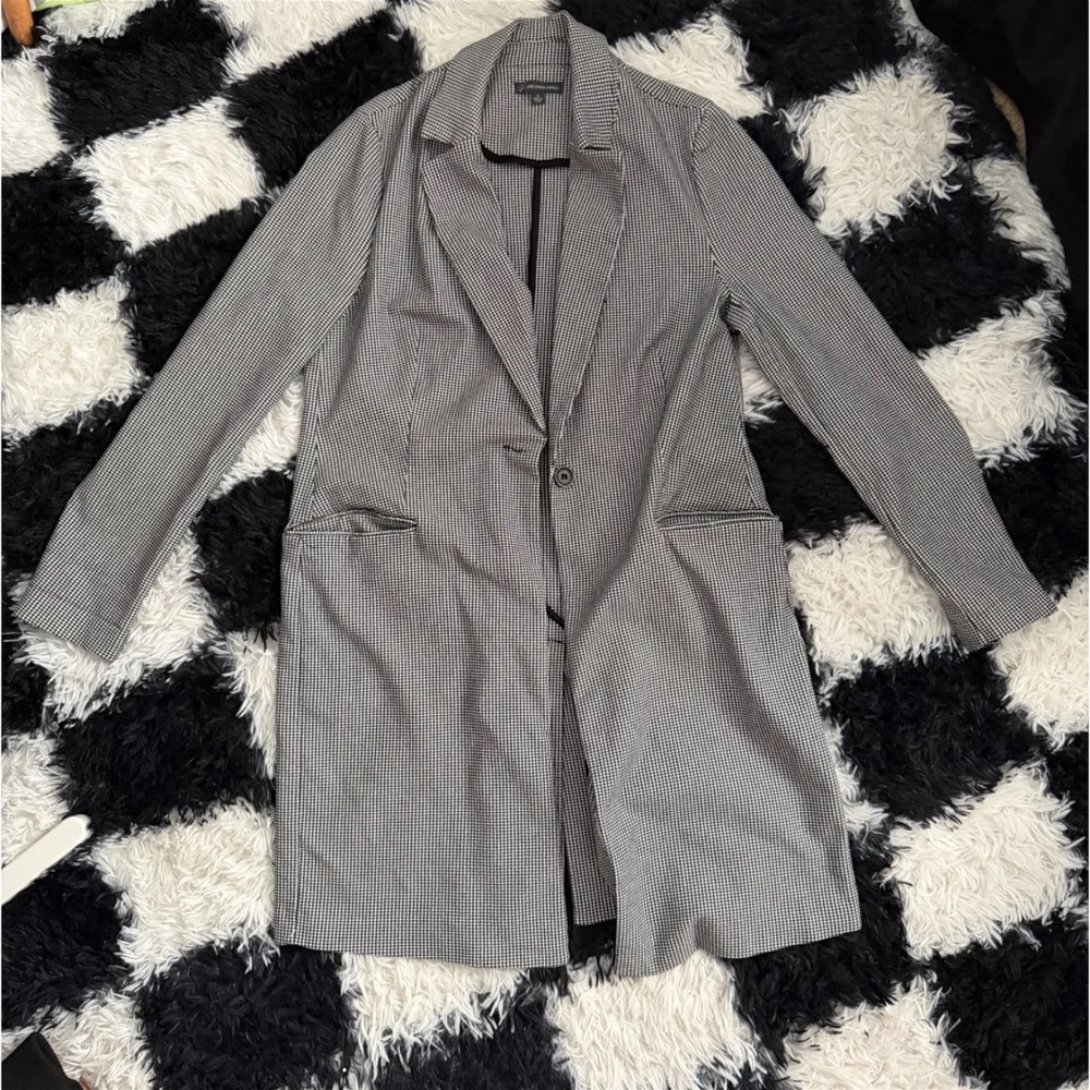 Adrianna Papell Black and White Houndstooth Long Blazer